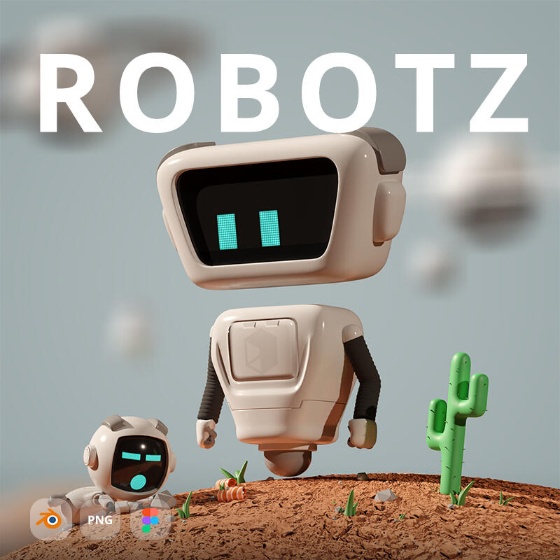 ROBOTZ - Free modular 3D cartoon robot with various heads, bodies, hands, and accessories. Blender, Figma, and PNG files are included.
