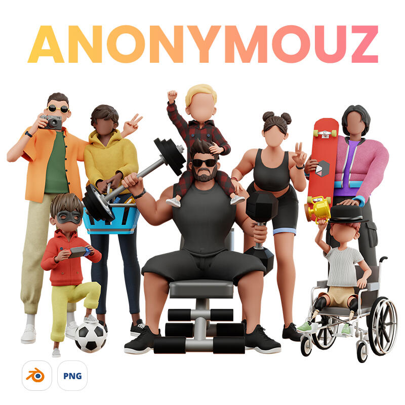 ANONYMOUZ - Faceless rigged 3D cartoon characters. Adults, Kids, and Musculars in various poses included. Source and PNG files included. Free Samples included
